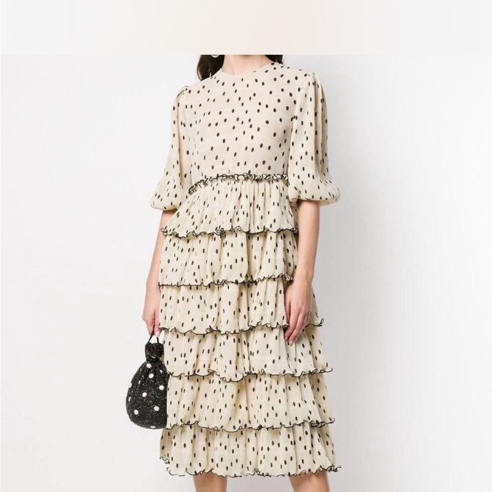 Ganni Cream and Black Tiered Midi Dress
